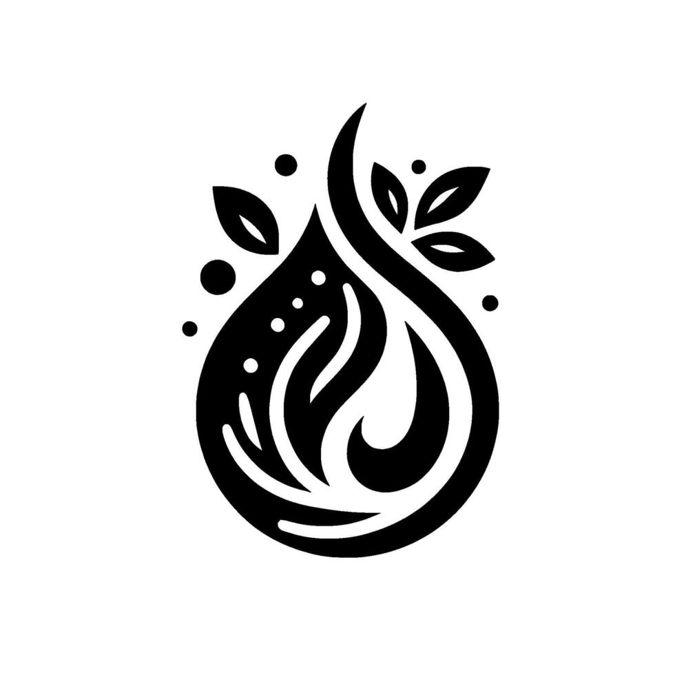 Minimalist Black and White Symbol a water droplet with organic flow, accented by leaves and dots, conveying freshness, growth, and purity. vector