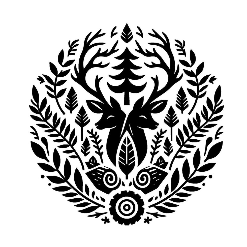 Symmetrical black and white circular featuring two deer with intertwined antlers, surrounded by forest elements like trees, leaves, and a gear. vector