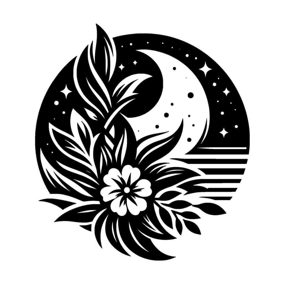 Black and white circular floral illustration featuring a crescent moon, stars, and a blooming flower amongst leaves, evoking serenity. vector