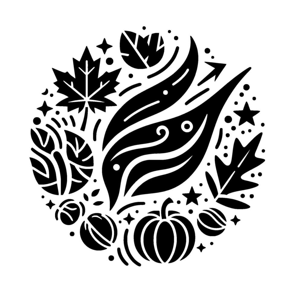 Black and white circular illustration depicting a collection of fall elements, including leaves, pumpkin, and stars. vector