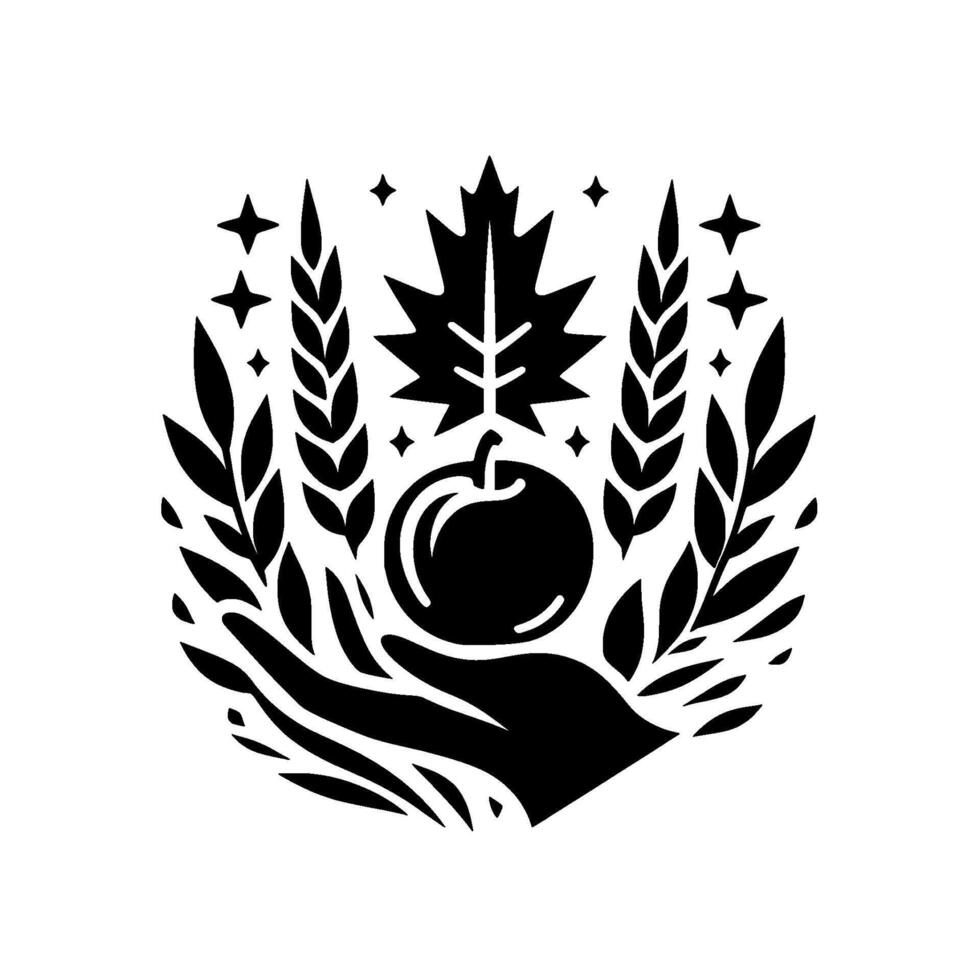 Black White Emblem Hand cradling an apple, framed by leaves, wheat, maple, and stars symbolizing harvest abundance. vector