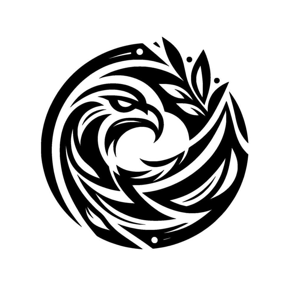 Circular Black and White Eagle Crest with Leafy Accents, Expressing Power and Unity on a Bright Canvas. vector
