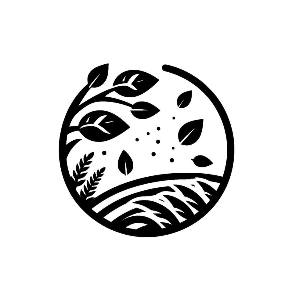 Monochrome Circular Nature with Leaves, Plants, and Fields, Representing Growth and Organic Elements. vector