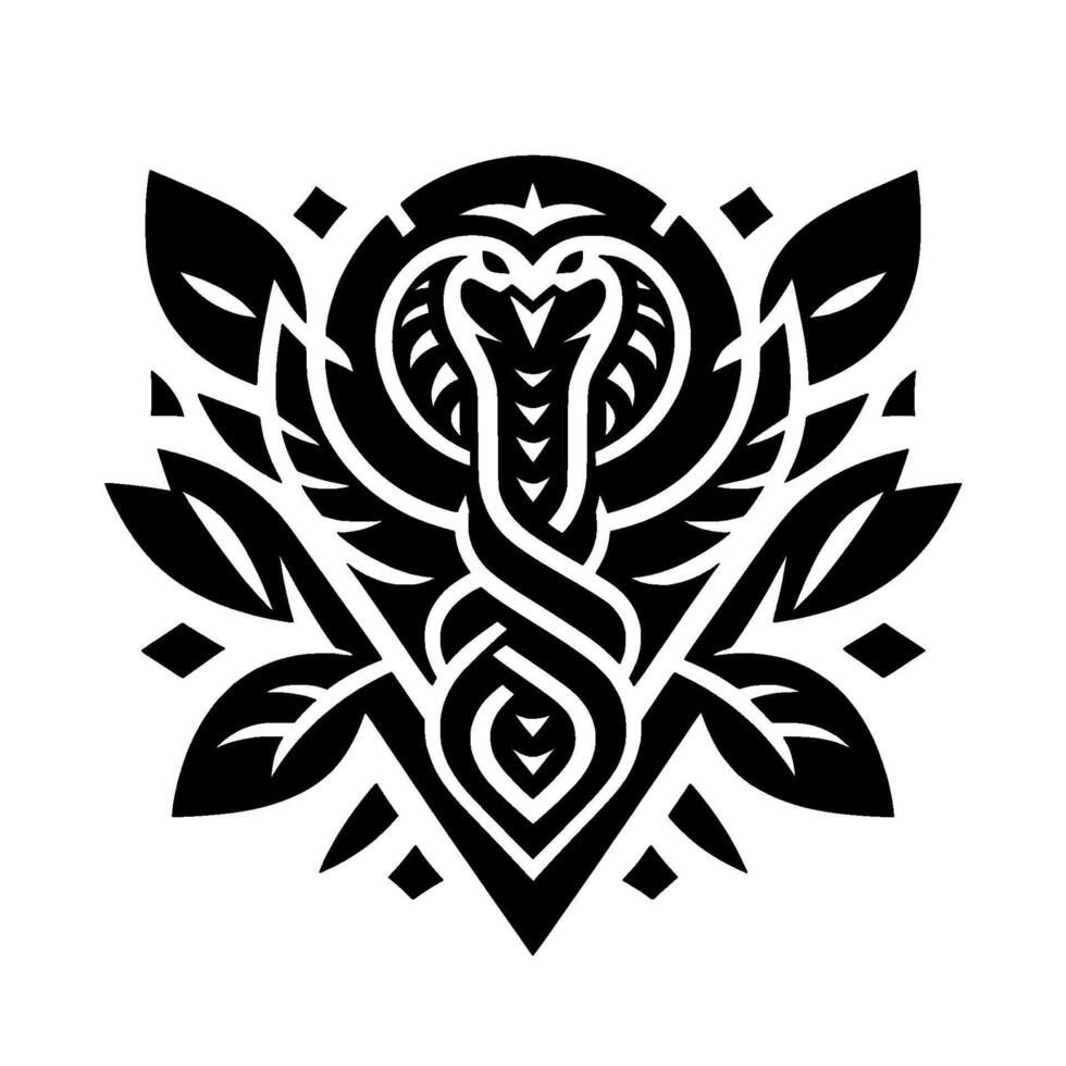 Symbolic black and white illustration featuring a cobra with entwined body within a symmetrical , incorporating leaves, diamonds, and geometric patterns. vector