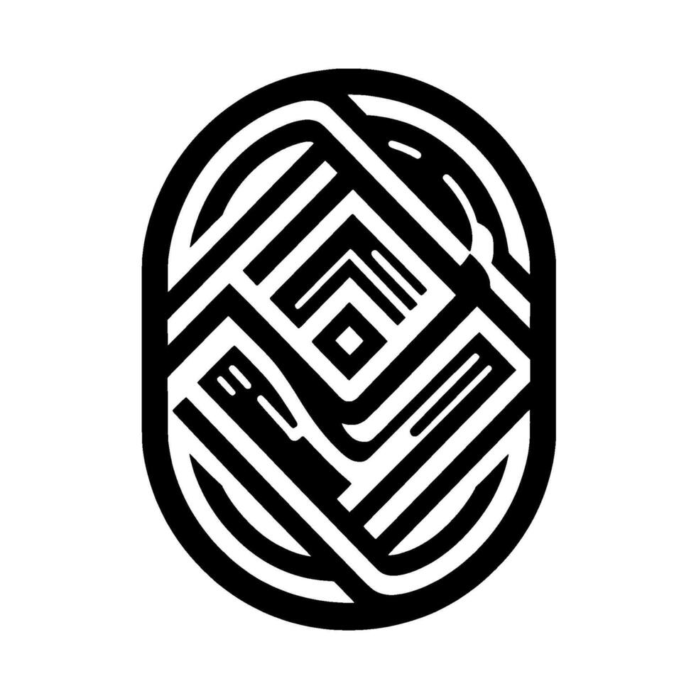 Abstract Black and White Geometric Oval Composition with Labyrinthine Lines and Concentric Squares vector