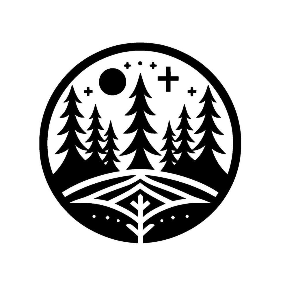 Circular Black and White Illustration of a Night Forest Landscape with Trees, a BridgeLike Element, Stars, and a Moon. vector