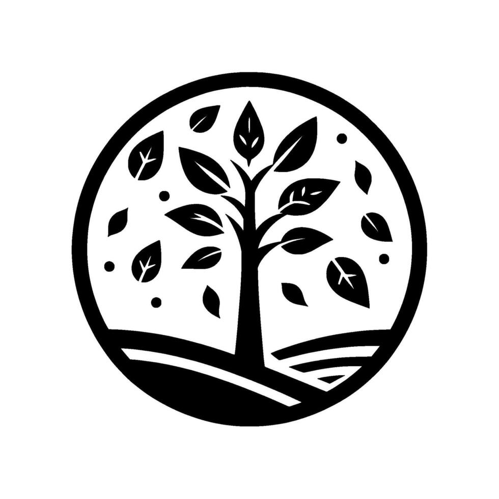 Minimalist black and white of a tree within a circle, showcasing nature, leaves, and landscape features, evoking simplicity. vector