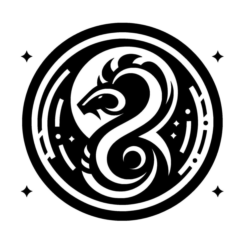 Bold Black and White Dragon Emblem in a Circle, with Star Accents, Illustrating Strength, Mystique, and Finesse. vector