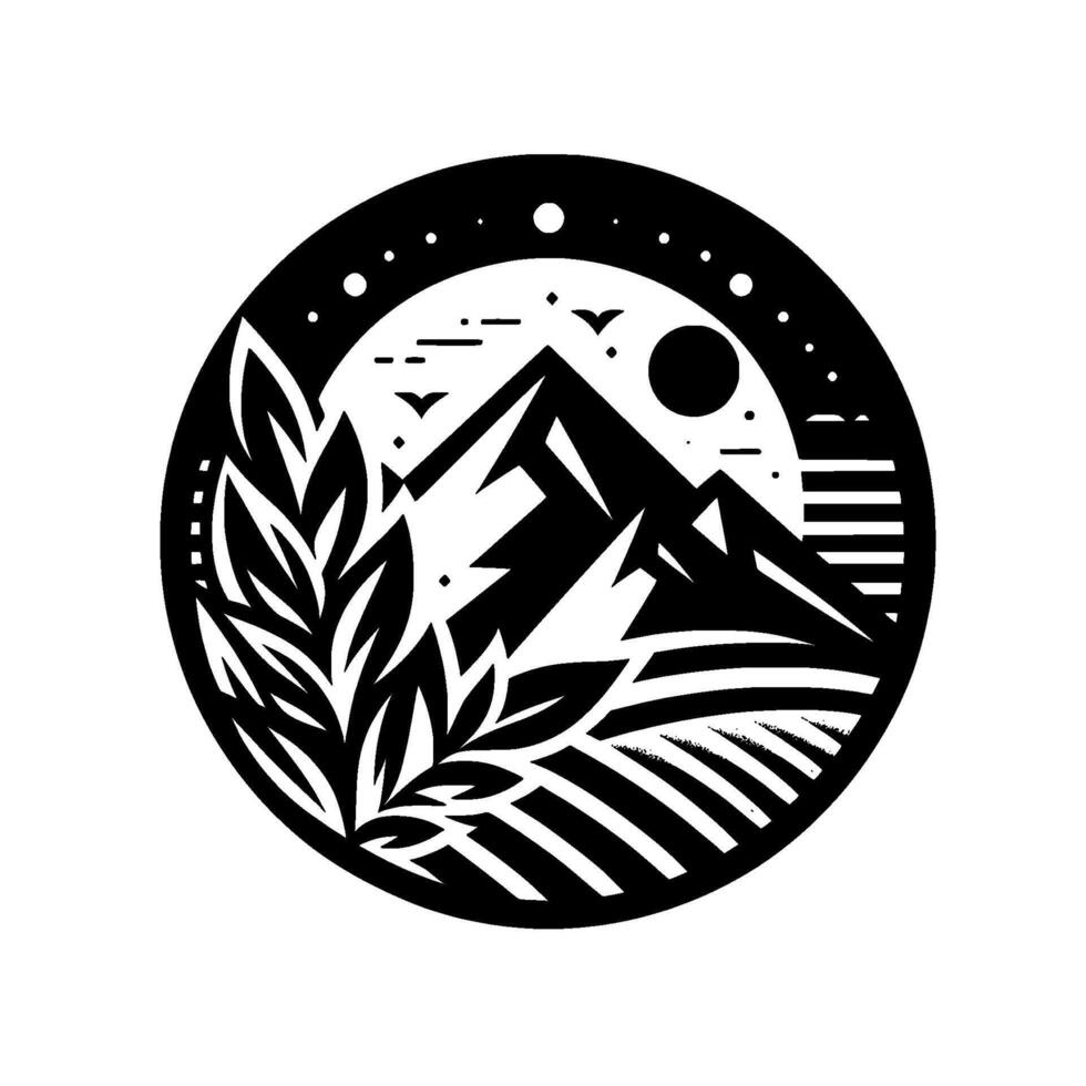 Monochromatic mountain landscape within a circle, featuring plants, birds, sun, and a stylized aesthetic. vector