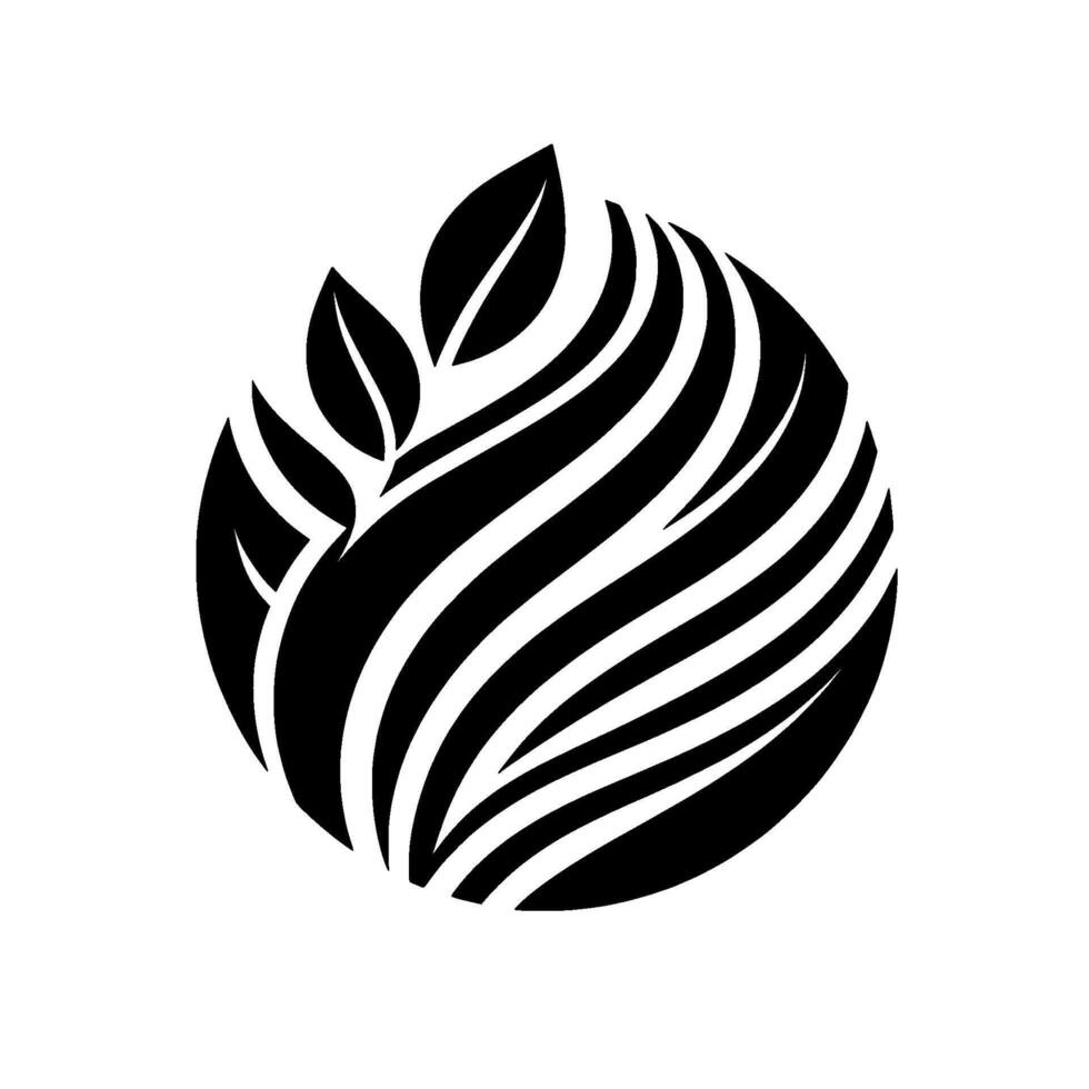 A minimalist, black and white featuring stylized leaves atop a spherical shape composed of curved, organic stripes, suggesting growth and nature. vector