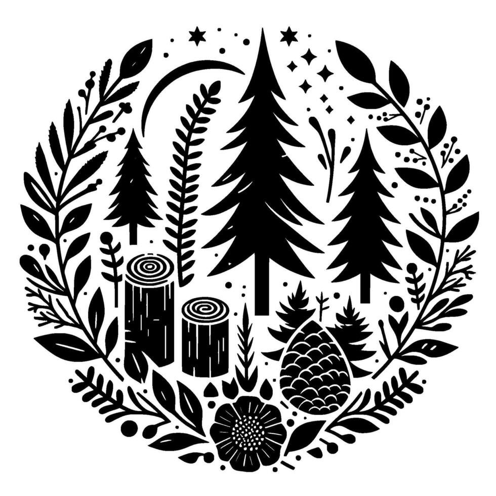 Black and white circular illustration of a serene forest scene, featuring pine trees, logs, foliage, moon, stars and a pine cone. vector