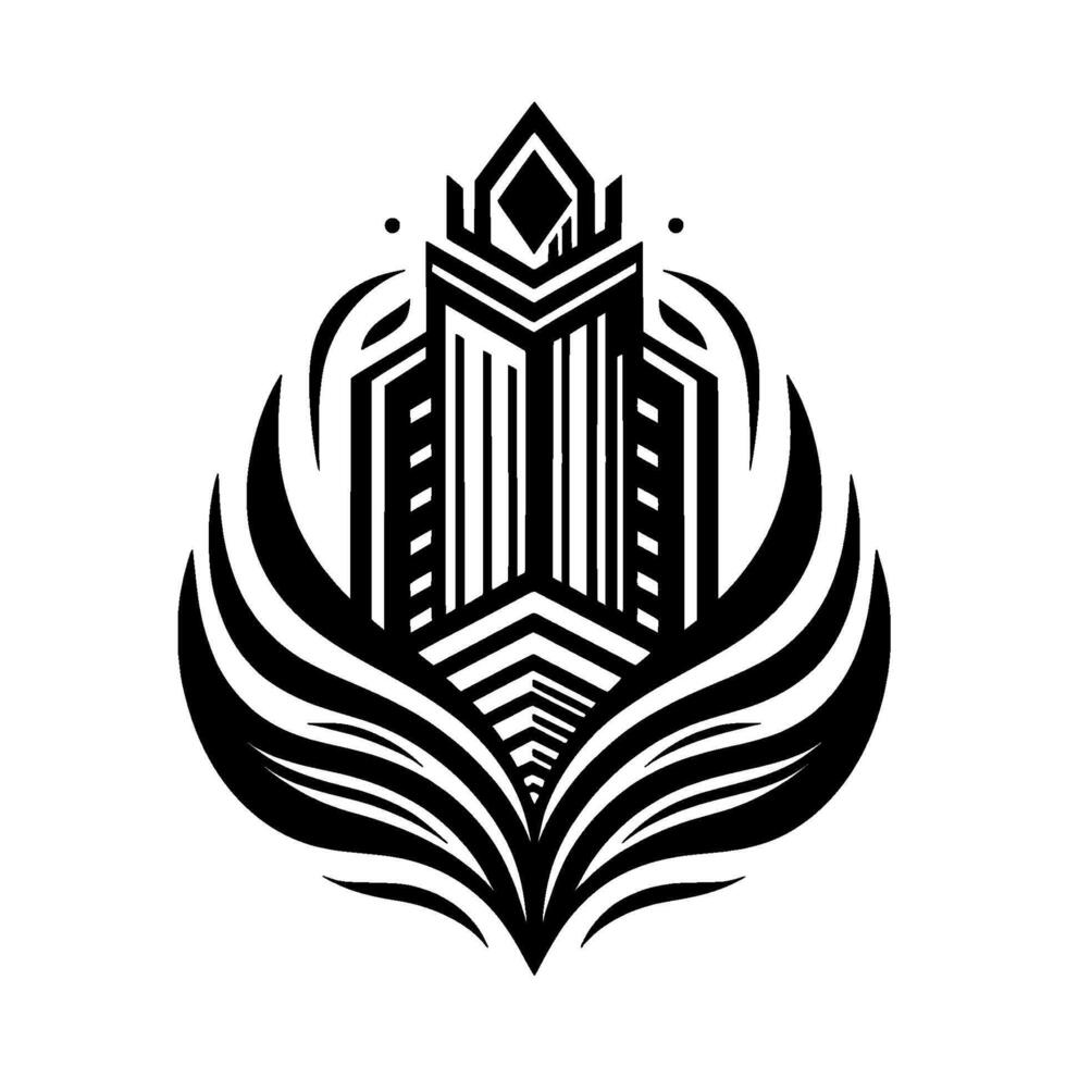 Black and White Geometric Architectural Emblem Building with a FloralLeafy Surround on White Background. vector