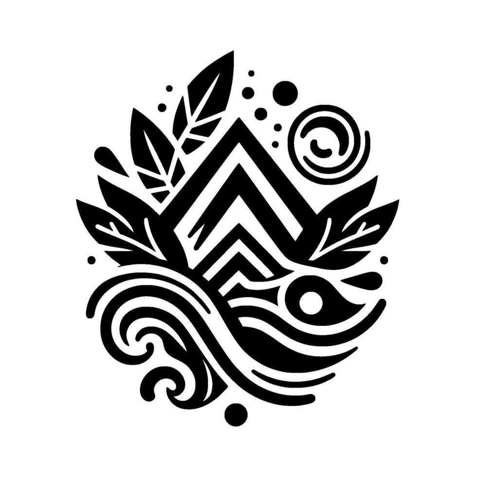 Geometric Nature Abstract black and white of leaves, water, and mountain in a cohesive ornamental arrangement. vector