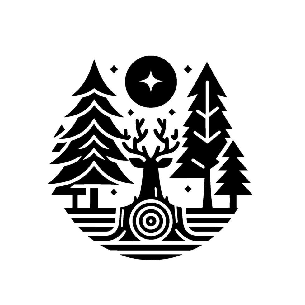 Geometric Black and White Emblem Featuring Stag, Forest Trees, and Starry Night within a Circular vector