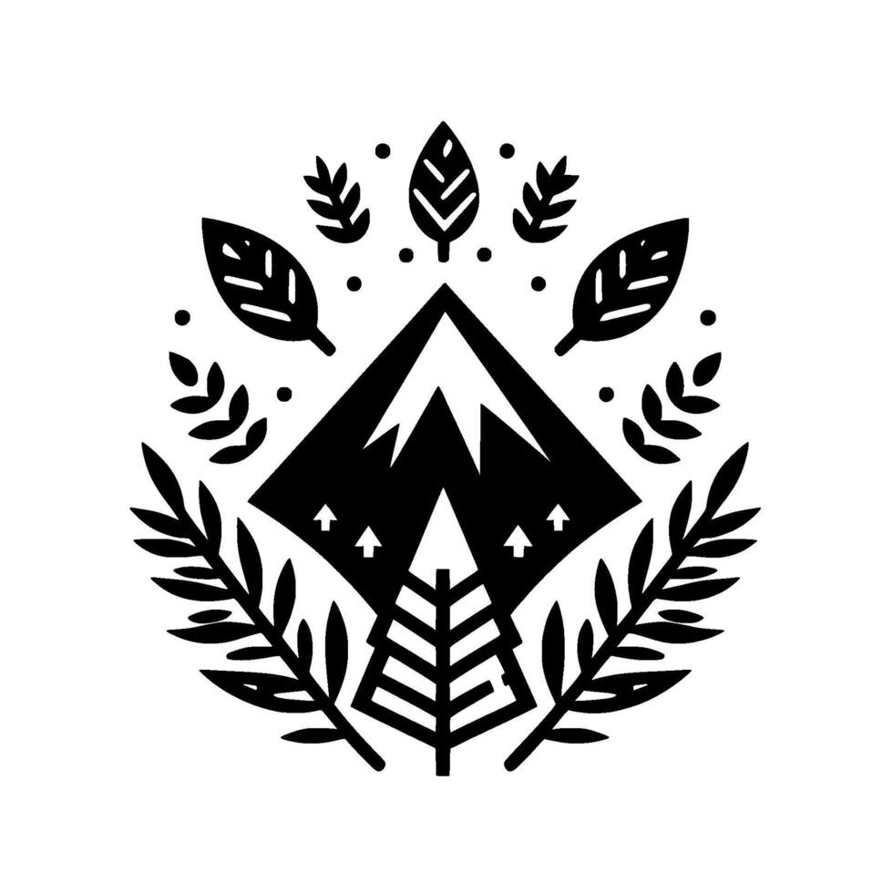 Black and white minimalist nature emblem with a central mountain peak, flanked by trees, leaves, and branches, creating a symmetrical , with a circle pattern vector