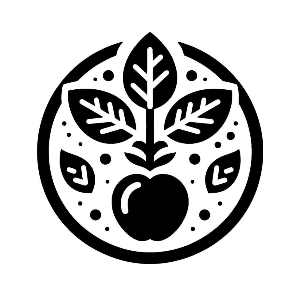 A stylized black and white circular emblem featuring an apple with leaves and dots, suggesting nature and health. vector
