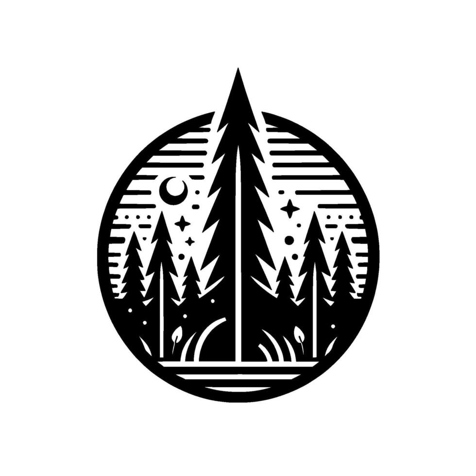 Black and White Circular of Forest Landscape with Coniferous Trees, Moon, Stars, Grass, and Horizon Lines. vector