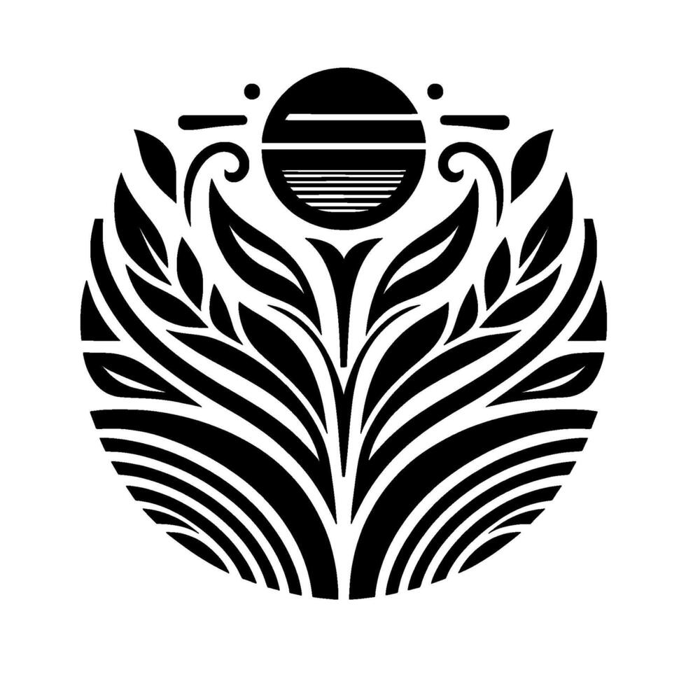 Black and white symmetrical circular floral emblem with stylized sun, leaves, and geometric accents on a white background. vector