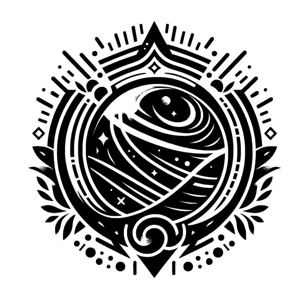 Circular Black and White Astral Symbol Swirling Galaxy within a Detailed Geometric Frame, Stars and Foliage Elements. vector