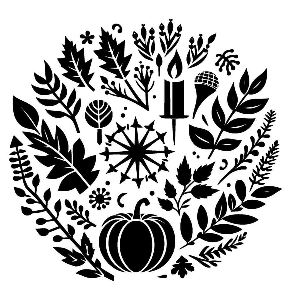 Black and White Autumnal Circular Featuring Leaves, Pumpkin, Candle, and Various Floral and Botanical Elements. vector