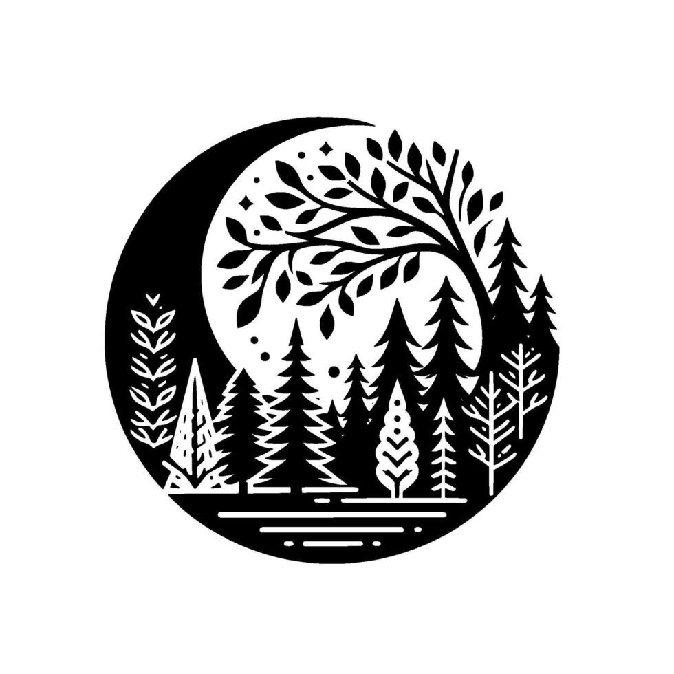 Black and White Circular Forest Scene Crescent Moon, Trees, Bushes, Leaves, and Stars, Minimalist Silhouette vector