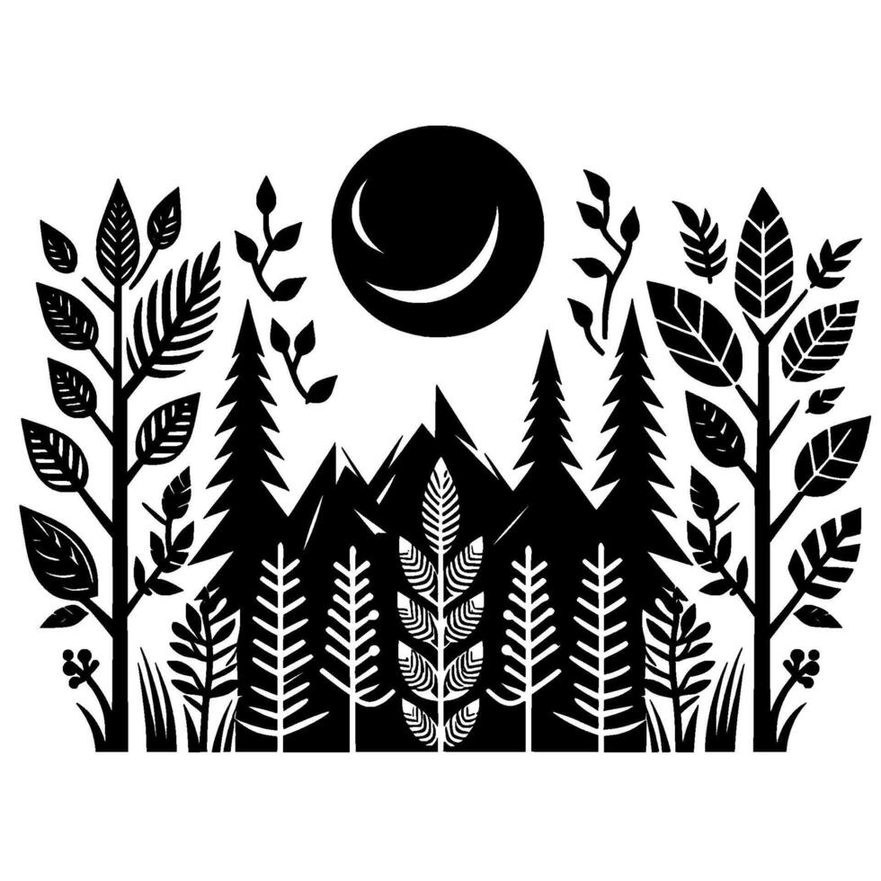 Black and White Minimalist Forest Scene with Mountains, Crescent Moon, and Various Stylized Trees, Leaves, and Plants. vector