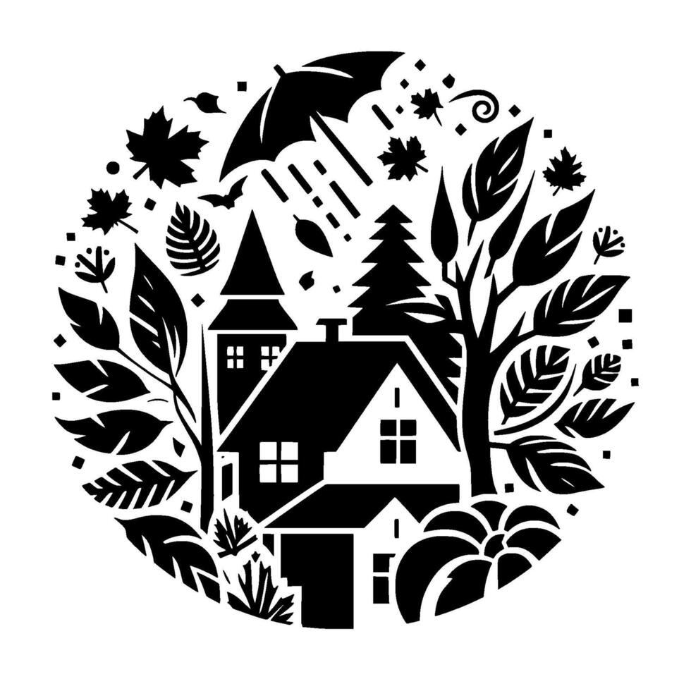 Black and White Silhouette A Cozy Home Under Autumn Rain Surrounded by Foliage, Leaves, and an Umbrella in a Circular Composition. vector