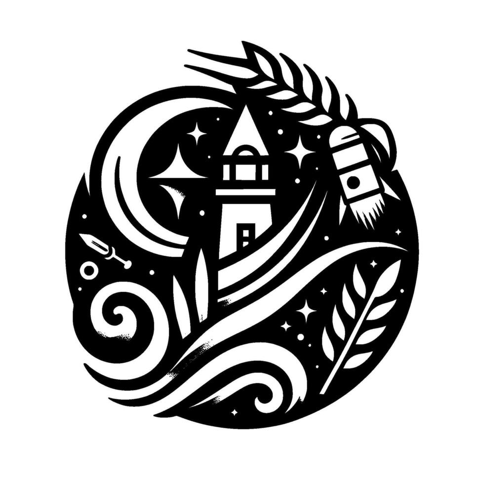 Celestial Lighthouse Emblem Black and White Illustration with Moon, Stars, Sword, Rocket, and Wheat. vector