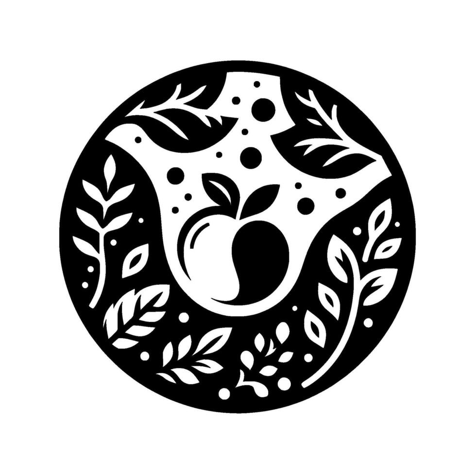 Circular black and white featuring an apple silhouette framed by leaves, twigs, and berries, evoking nature, simplicity, and growth. vector