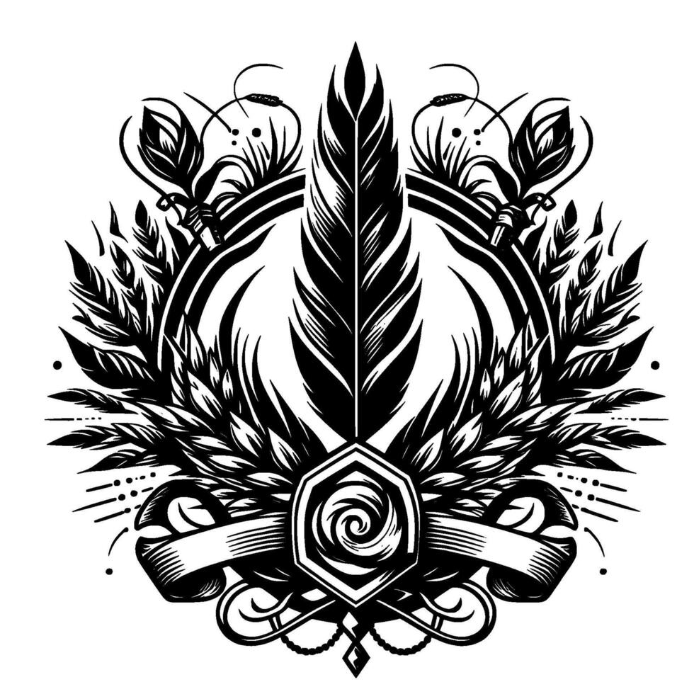 Intricate Black and White Emblem Featuring a Central Feather, Floral Embellishments, and Scroll Elements. vector