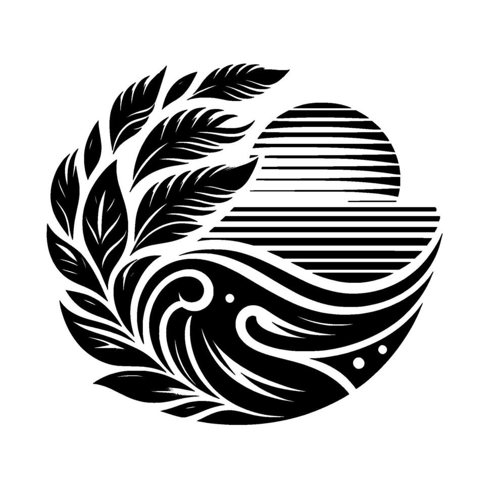 Black and white minimalist circular featuring stylized feathers, waves, and a striped sun, embodying tranquility and nature. vector