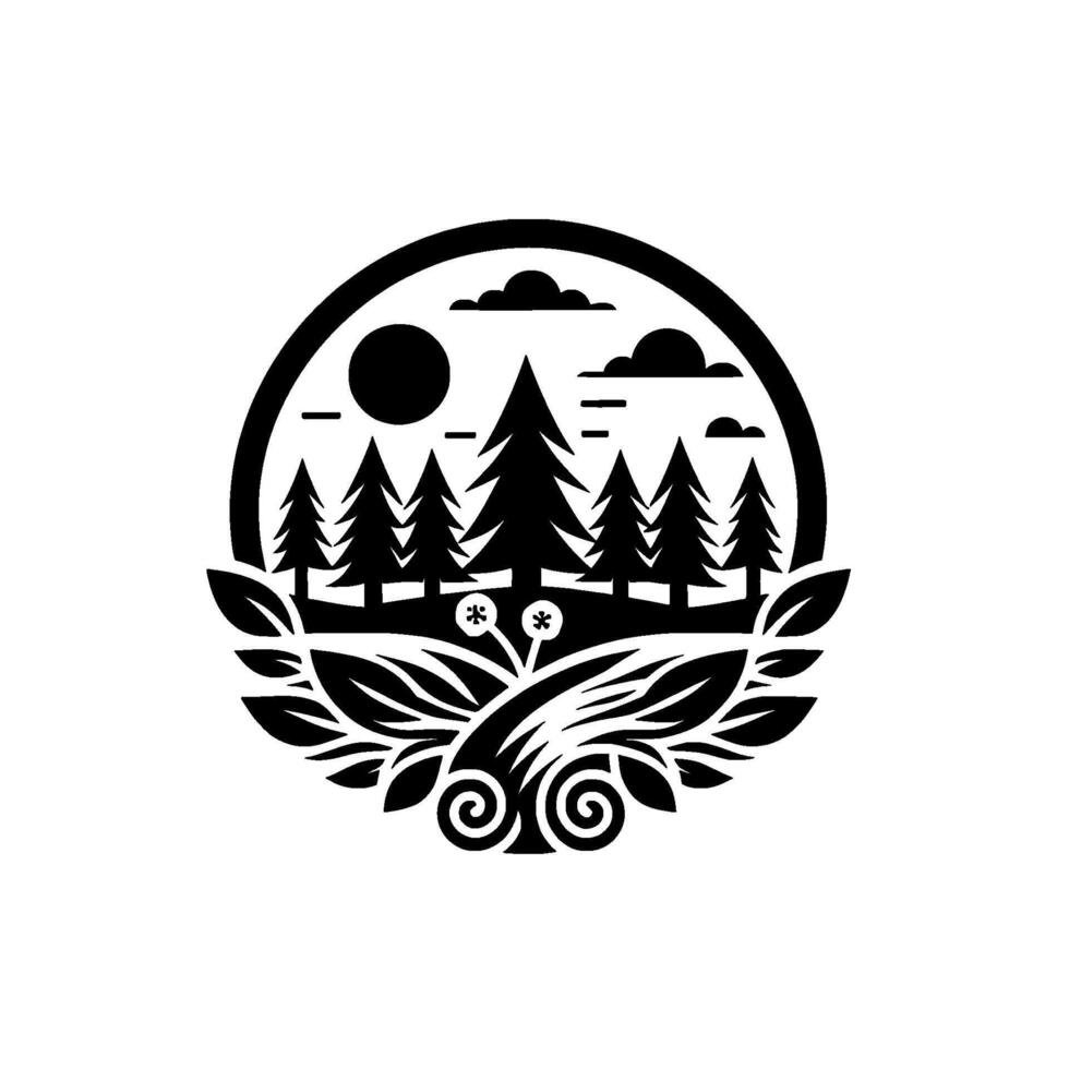 Circular black and white naturethemed with pine trees, sun, clouds, and decorative floral elements. vector