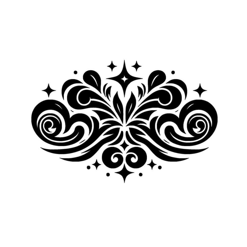 Ornate Black and White Floral with Spirals, Leaves, and Starburst Accents on a Plain Background vector