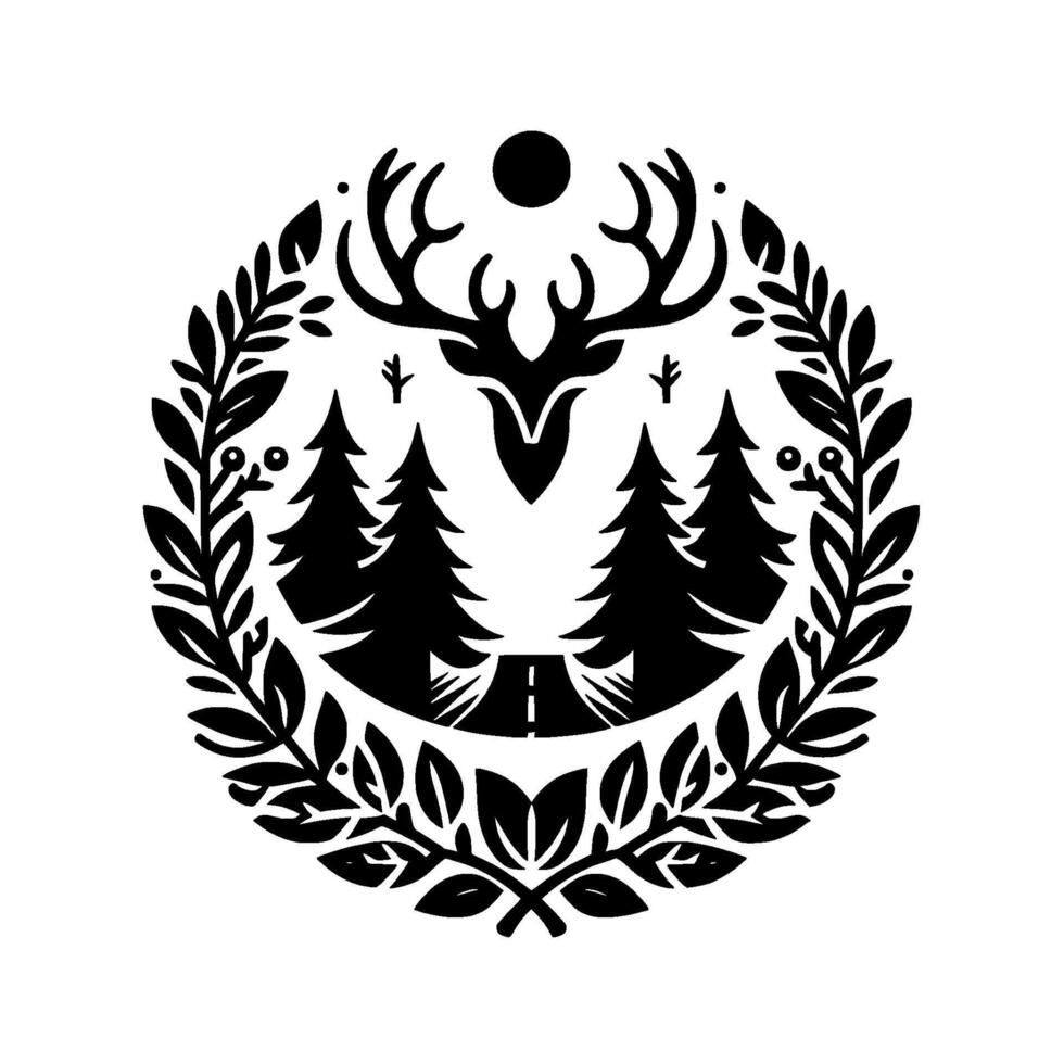 Black and white circular emblem featuring a stylized stag head, pine trees, a road, and foliage, under a dot, evoking a forest or wildlife theme. vector