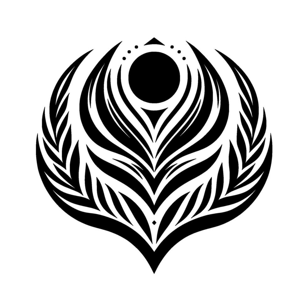 Symmetrical Black and White Feathered Emblem with a Central Dot and LeafLike , on a Clean White Background. vector