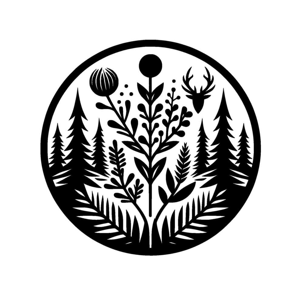 Intricate Black and White Circle Forest, Plants, Deer Head, Minimalist Art, Nature Inspired, Abstract, Decorative. vector