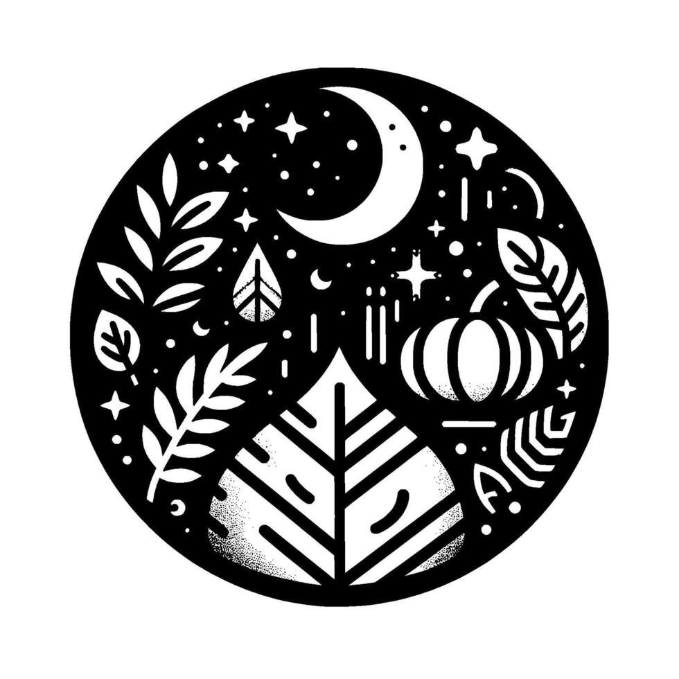 Celestial Harvest Black and white circular of autumn elements leaves, a pumpkin, crescent moon, stars, and a large, stylized leaf. vector