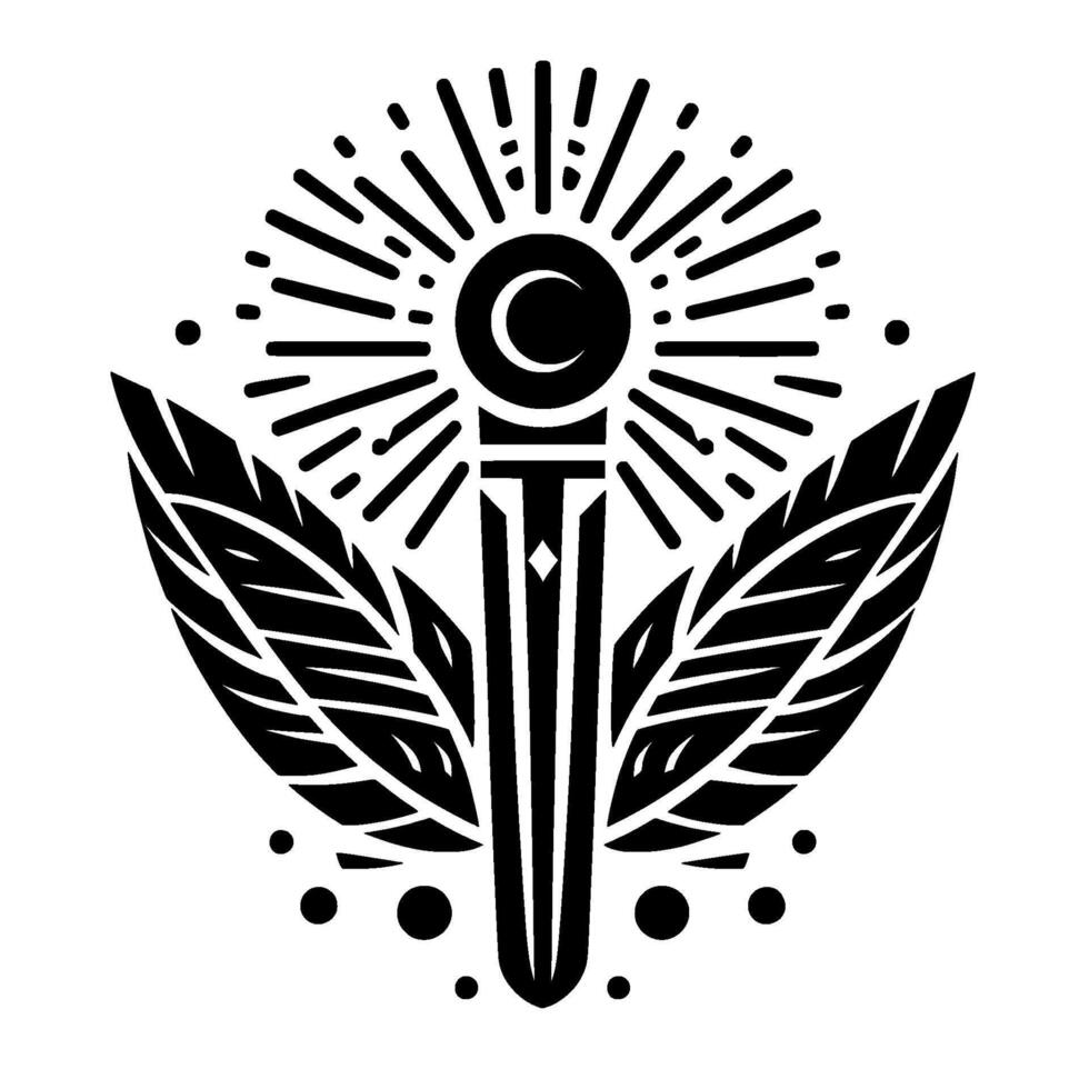 Stylized black and white art piece features a central crescent moon over a pillar, surrounded by radiant lines and feathery elements. vector