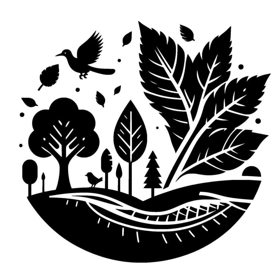 Stylized black and white circular illustration of a landscape with trees, leaves, a flying bird, and a ground line, reminiscent of woodcut art. vector