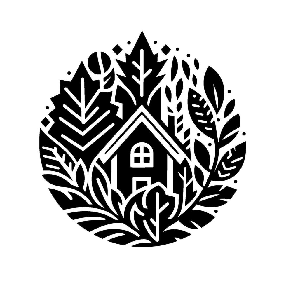 Black and white minimalist illustration a cozy house embraced by lush, stylized foliage, forming a circular . vector