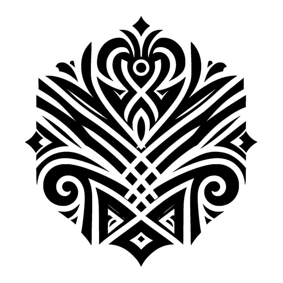 Symmetrical Black and White Geometric Floral with Heartlike and Flowing Elements, Hexagonal Shape on White Background vector