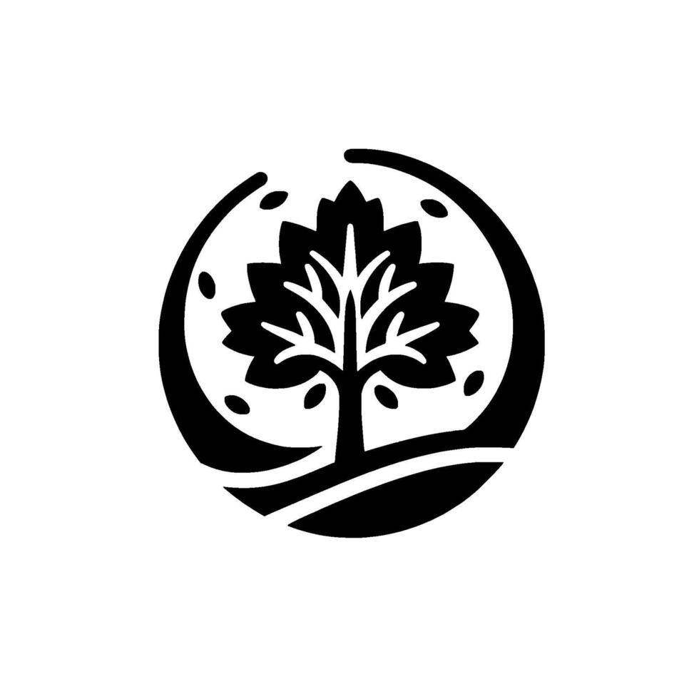 Stylized black tree within a circular frame, surrounded by abstract elements, set against a pristine white backdrop, evoking a sense of modern simplicity. vector