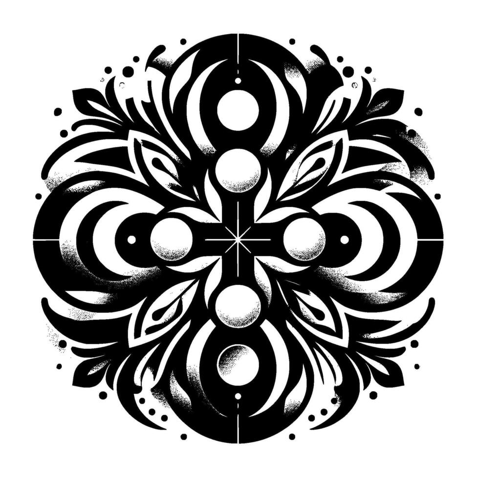 Intricate black and white symmetrical floral mandala with dotshaded circular motifs, leaves, and starlike central element on white. vector