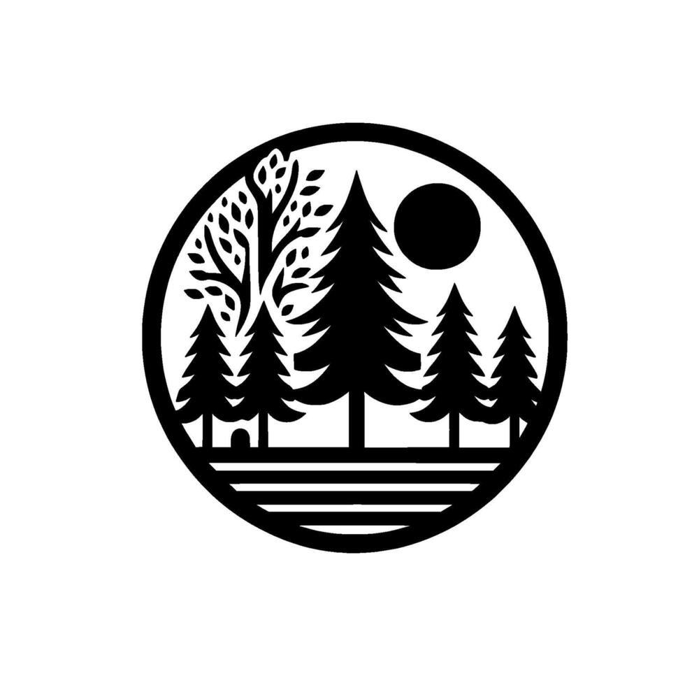 Silhouette of a Forest Scene in a Circular Frame Trees, Sun, and Foliage in a Minimalist . vector