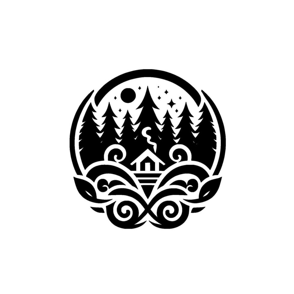A stylized black and white emblem featuring a cabin nestled amidst a forest under a starlit sky, encircled by decorative foliage. vector