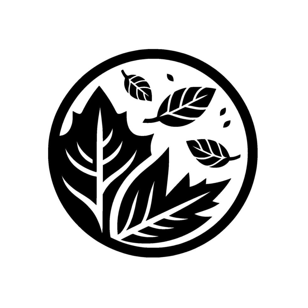 Elegant black and white circular featuring stylized leaves, embodying nature, minimalism, and ecoconsciousness. vector