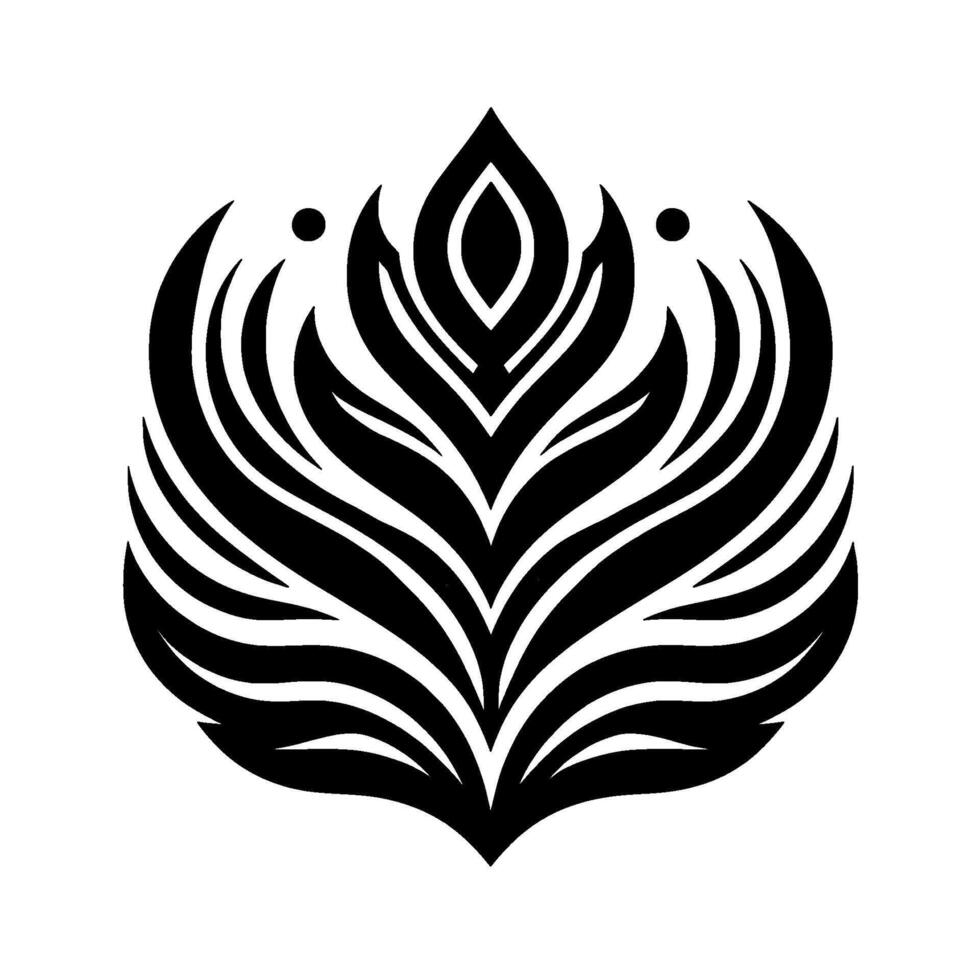 Symmetrical, Stylized Black and White Floral with LeafLike Petals, and Pointed Top, Isolated on White. vector
