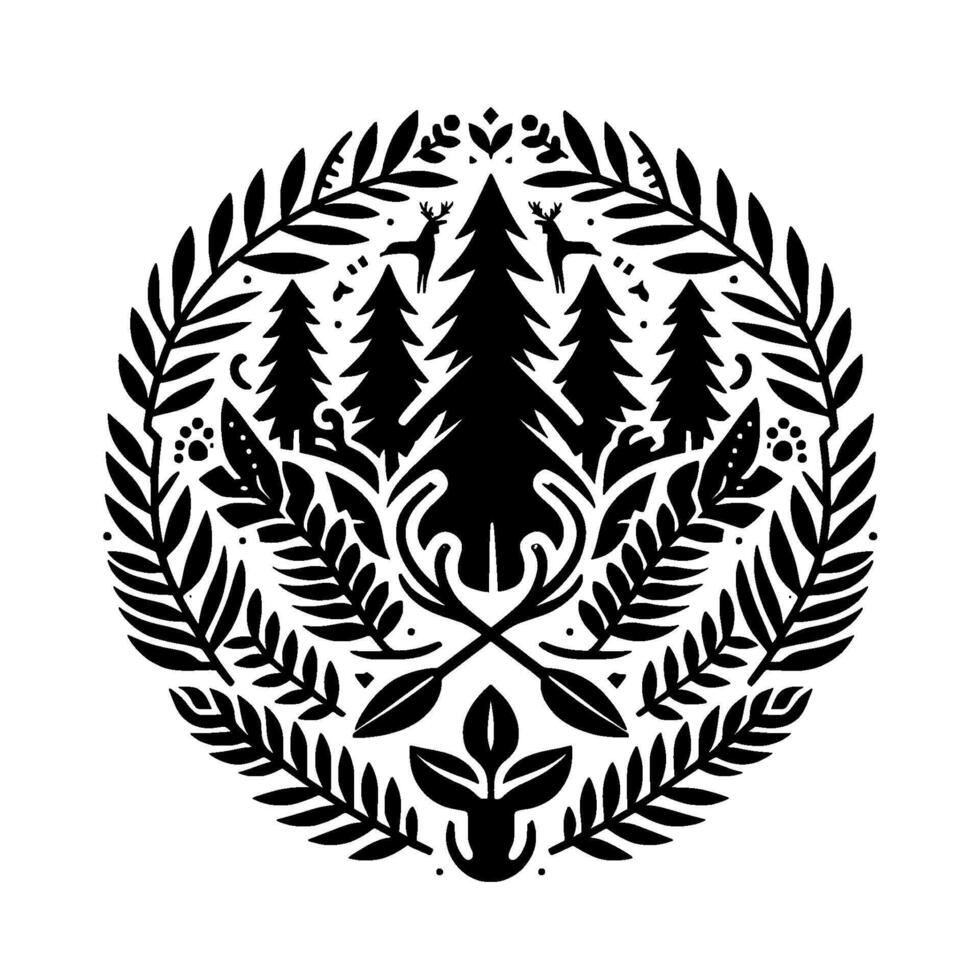 Ornate Black and White Circular Forest Scene with Deer, Fir Trees, and Botanical Elements, Featuring a Decorative Frame. vector