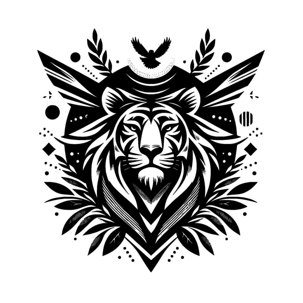 Majestic Black White Tiger Head Crest, with Geometric Shapes, Bird, and Foliage, in Striking Minimalist vector