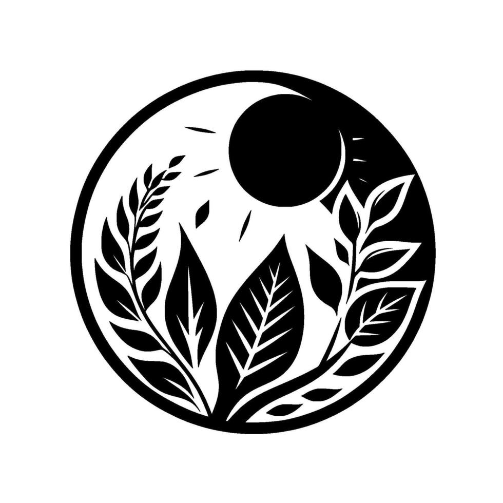 A stylized black and white circular features a sun peeking through vegetation, illustrating natures growth and harmony. vector